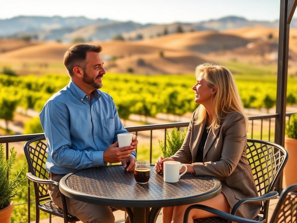 Advisor and founder talking over coffee on a sunlit California patio with vineyards beyond