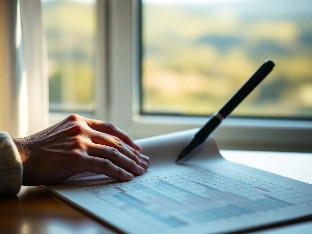 Hand sketching a cash flow projection beside a window of California hills