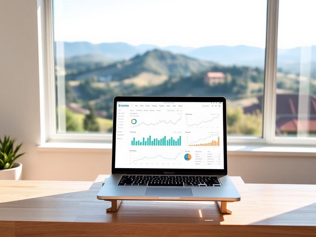Laptop with a clean financial dashboard, Tri-Valley hills visible through the window