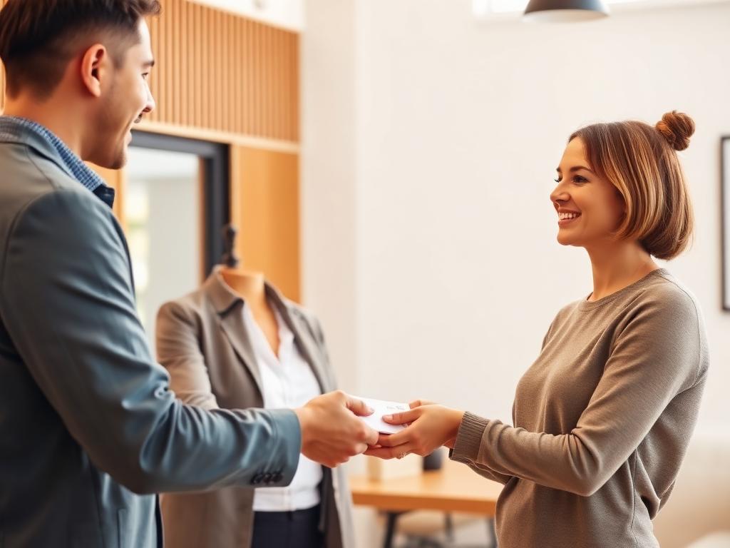 Small California business owner handing a paycheck to a team member