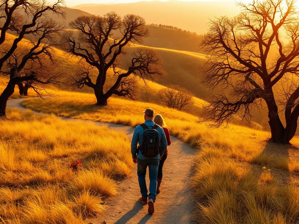 Two people walking through Pleasanton Ridge oak hills at sunrise