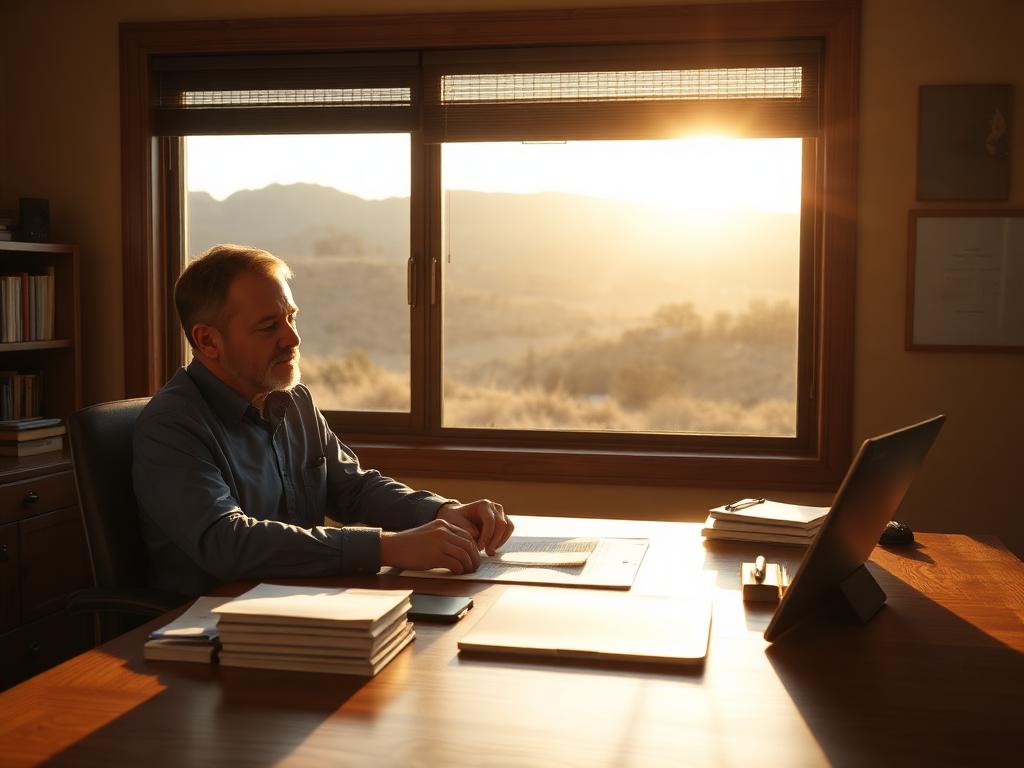 California CPA reviewing tax plans at golden hour with hills outside the window
